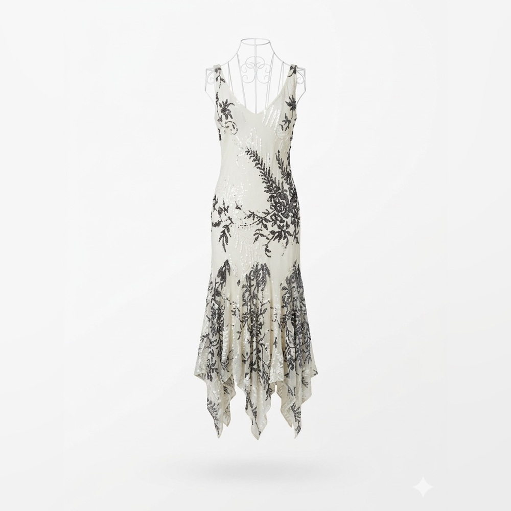 Whimsygoth Fairy Beautiful Alex Evenings Sequin Handkerchief Hem Midi Dress